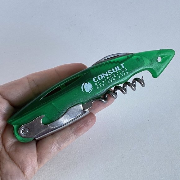 Consult Engineering Ad Green Plastic Stainless Bottle Opener Corkscrew Knife - Picture 7 of 13